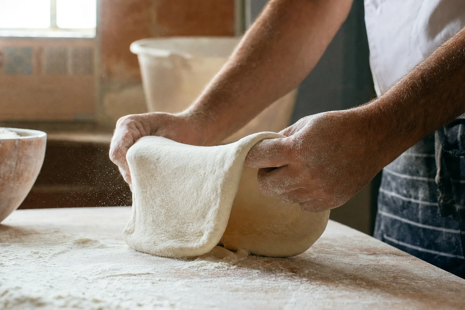 Pizzabäcker streicht frischen Teig aus